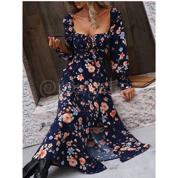 Floral Dress Square Neck Fit & Flare Maxi Long Sleeve Leg Slit Front Ties Blue - Picture 7 of 16